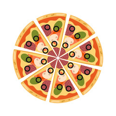 Traditional round italian pizza. Pizza slices, top view. Pizza with tomato, basil, mushrooms and salami. Flat, vector illustration.