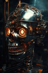 Fototapeta premium Cyberpunk Victorian Skull Art with Mechanical Gears and Brass Details in Dark Gothic Laboratory Setting
