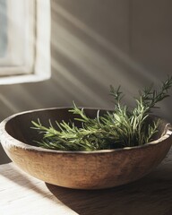 A close-up of fresh rosemary sprigs in a rustic wooden bowl, with sunlight streaming through