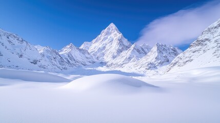 Obraz premium Majestic snow-capped peaks, winter landscape, serene valley. Travel poster