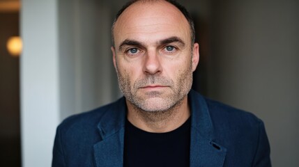 Fototapeta premium A man with a bald head wearing a black shirt stands confidently, showcasing his unique style and demeanor in a simple yet striking appearance.