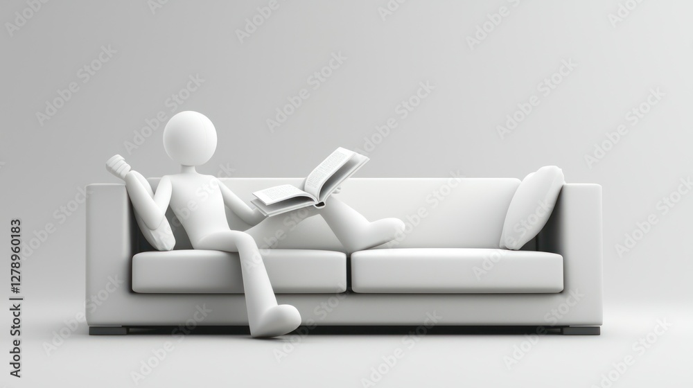 Poster A relaxed 3D man sitting on a couch with a book in hand. 