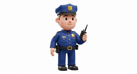 Fototapeta premium A 3D cartoon police officer in a blue uniform, holding a walkie-talkie. The character has a friendly and professional expression, wearing a police hat with a golden badge, symbolizing law enforcement 