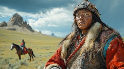 A young Mongolian nomad gazes intently, showcasing traditional attire and the vast, dramatic landscape of his homeland.