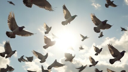 Obraz premium Numerous Pigeons in Flight Against a Sunny Sky