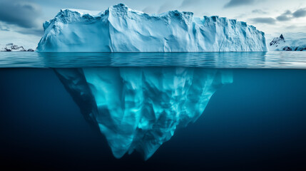 Obraz premium Iceberg's Secrets: A colossal iceberg floats serenely on the water, revealing a hidden underwater world beneath the surface, offering a stunning glimpse into nature's wonders.