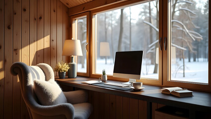 Fototapeta premium Cozy remote work with a laptop and coffee cup in winter season and a view snow of the outdoors. life's style workspace for work from home