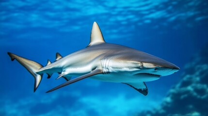 Fototapeta premium Gray Shark Swimming in Vibrant Blue Ocean Water