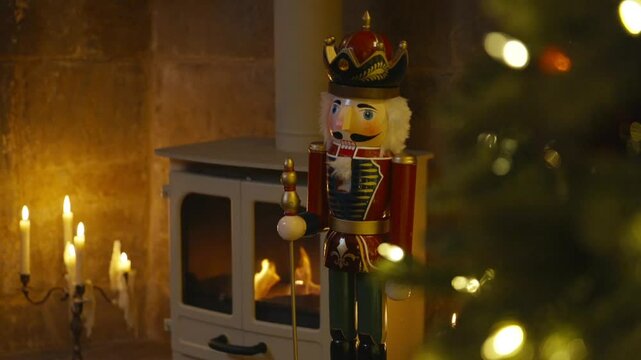 A nutcracker is standing in front of a Christmas tree. The scene is warm and cozy, with a fireplace nearby