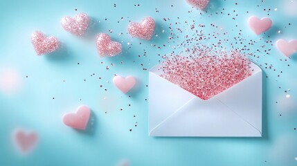 Fototapeta premium Pink glitter hearts overflowing from an envelope on a light blue background
