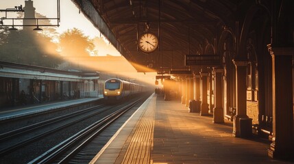 Naklejka premium Sunrise Train Station Departure, Golden Hour