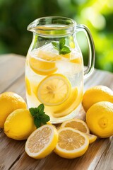 Refreshing Lemonade in a Glass Jug with Fresh Lemons and Mint on a Wooden Table