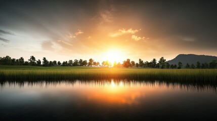 Obraz premium Beautiful Sunrise Over Calm Water With Lush Green Landscape and Silhouetted Trees Under Cloudy Sky