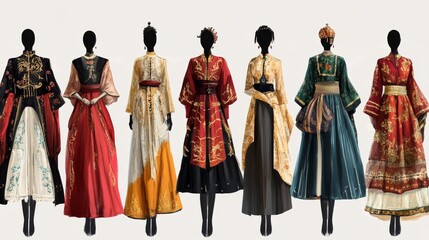 Elegant display of traditional fashion showcasing diverse cultural attire on mannequins