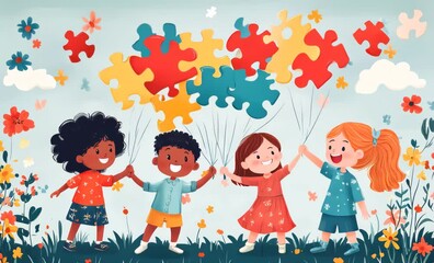  Group of diverse children holding hands and colorful puzzle piece balloons, celebrating acceptance, understanding, and inclusion for world autism awareness day
 - Powered by Adobe