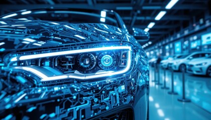 Naklejka premium Futuristic Car Headlight Design with Digital Circuit Patterns Illuminated in Modern Automotive Workshop Space
