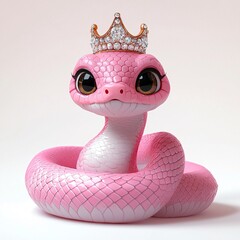 Fototapeta premium Cute pink snake with tiara for whimsical designs, kids' themes, birthdays, fantasy projects. Ideal for cards, decor, and playful content.