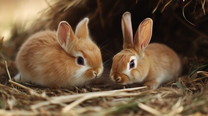 Obraz premium Two Adorable Brown Rabbits in Hay Nest