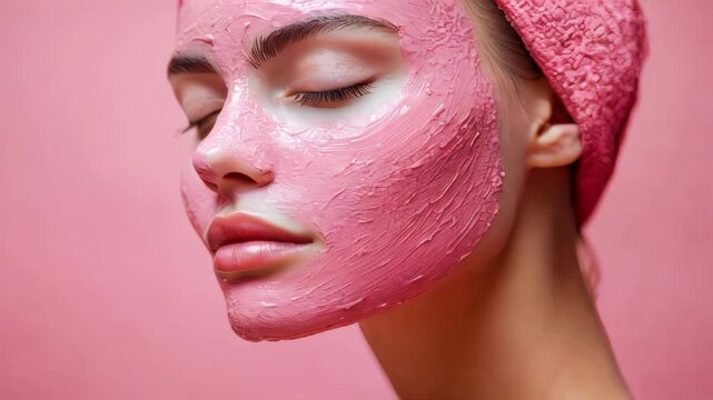 A young woman with a pink clay face mask applied evenly on her skin, wearing a pink headband, posing against a matching soft pink background