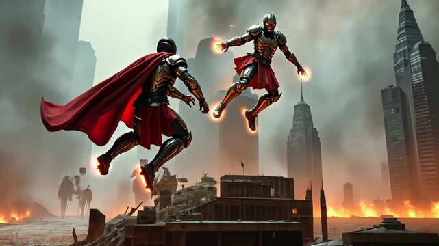 Epic Battle of Armored Warriors in a Desolate Cityscape with Fiery Backdrop