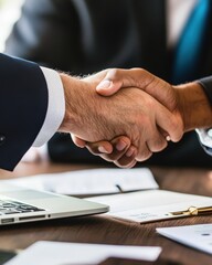 Obraz premium A close-up of hands shaking across a table with financial documents and a laptop visible