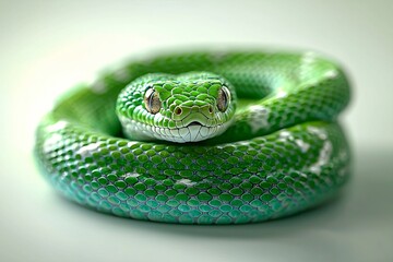 Fototapeta premium Vibrant green snake, symbol of the 2025 Zodiac, coiled with detailed scales. Perfect for New Year (正月) designs, 年賀状, & festive greetings. Realistic, calm, & visually striking.