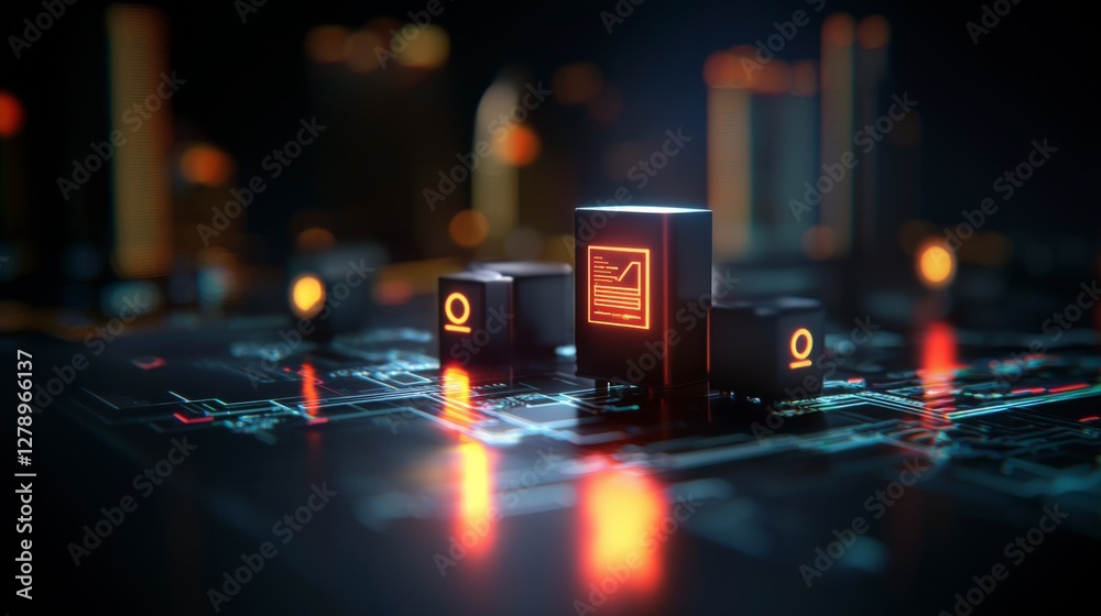 Poster abstract technology showcase with glowing circuit board and data blocks illuminated in a futuristic 