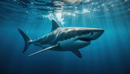 Fototapeta premium Majestic Great White Shark Swimming Gracefully Underwater with Sunlight Filtering Through Ocean Surface