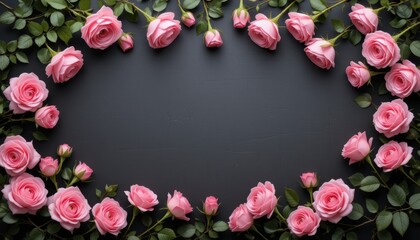 Elegant Arrangement of Fresh Pink Roses Framed by Greenery on Dark Background for Romantic Celebrations and Decor