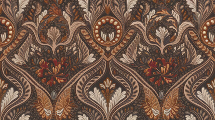 Vintage Pattern: Intricate vintage pattern with leaves, flowers, and ornamental details in muted brown and gold color tones, creating a luxurious and timeless design.