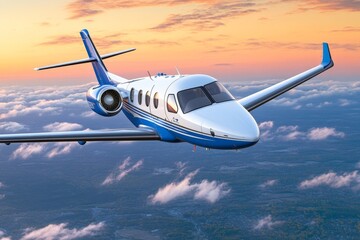 Airplane flying above the clouds on sunset