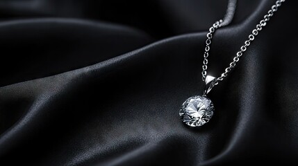 Fototapeta premium A fashion-forward jewelry shot featuring a modern cut diamond pendant on a black silk background.