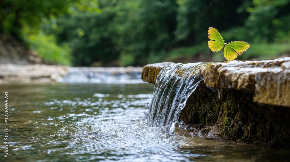 Poster a small green leaf is on top of a rock in a stream