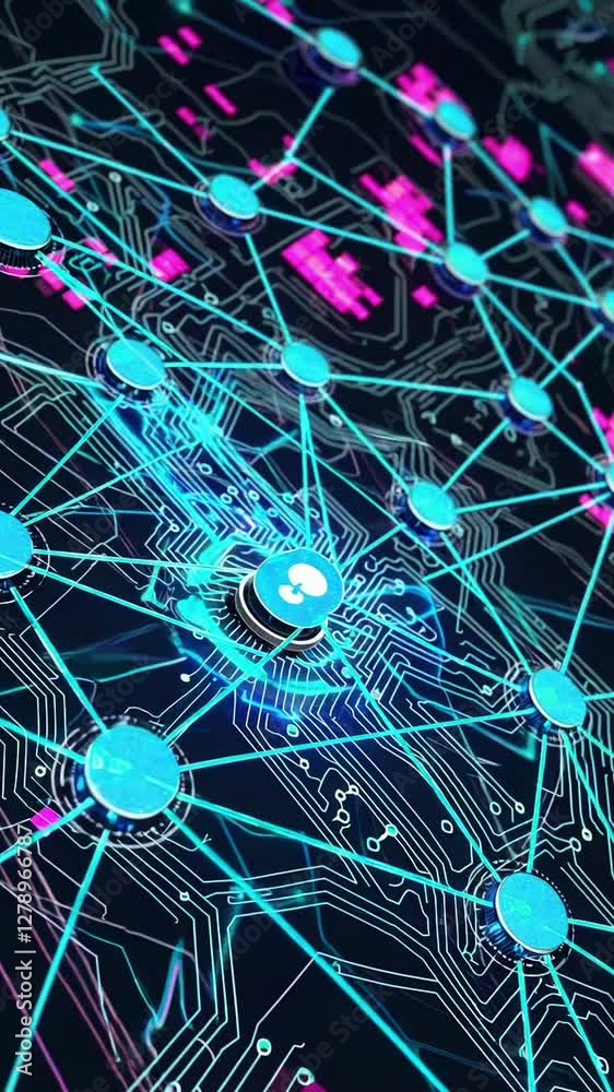 Poster dynamic network visualization of neural connections and data flow in futuristic interface