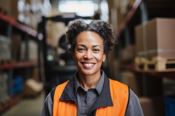 Fototapeta premium Portrait of a middle aged female forklift worker in warehouse