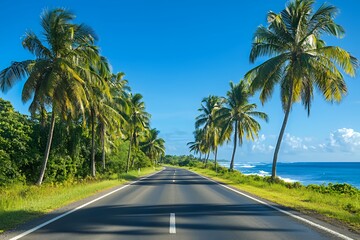 Scenic Coastal Road Lined With Lush Palm Trees