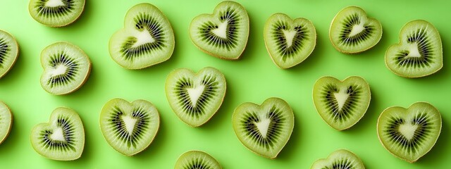 Fototapeta premium A pattern of kiwi slices arranged in an artistic way on a vibrant green background 