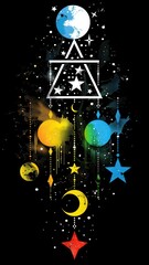 A colorful painting of the planets and stars with a triangle in the middle