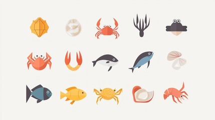 A set of simple, modern seafood icons, including fish, crab, shrimp, and clams, in a flat design style. 