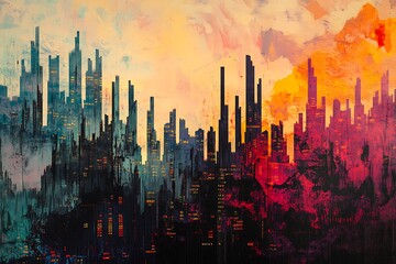 Fototapeta premium Abstract city skyline at sunset, vibrant colors, digital painting.