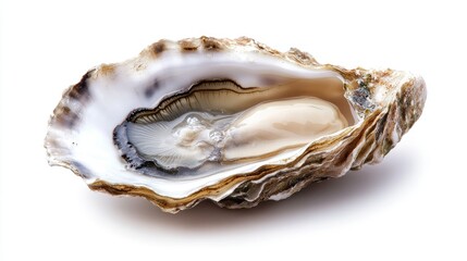 A fresh oyster in its shell with a small pool of natural brine, isolated perfectly on a white background.