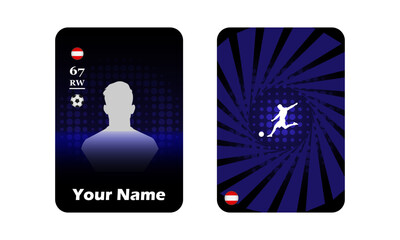 Custom football player card template with silhouette and rating. Futuristic blue and black design with abstract background and soccer icon
