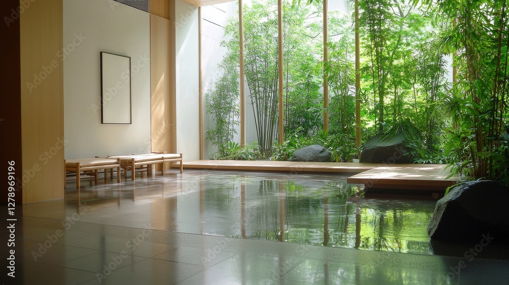 Poster A large room with a pool and a lot of greenery
