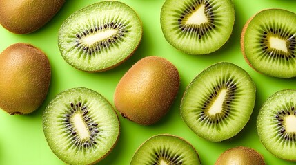 A pattern of kiwi slices arranged in an artistic way on a vibrant green background

