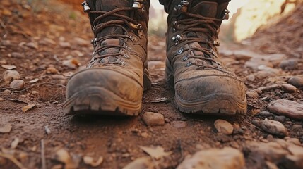A close-up of rugged hiking boots on a rocky trail with dirt and leaves scattered around