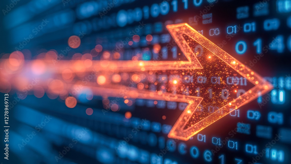 Poster vibrant digital arrow flowing through binary code representing data direction and technology advance
