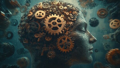 Obraz premium Human thoughts depicted with gears, brain as interconnected cogs, mechanical thought processes, surreal representation of the mind, detailed visual metaphor