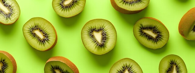 Fototapeta premium A pattern of kiwi slices arranged in an artistic way on a vibrant green background 