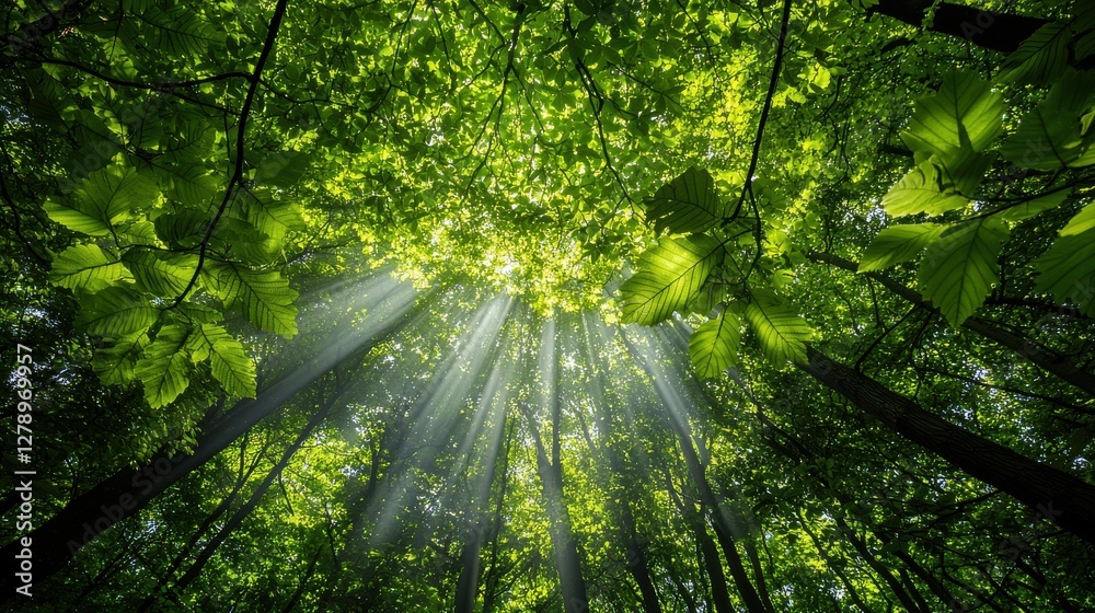 Poster a forest with sunlight shining through the trees