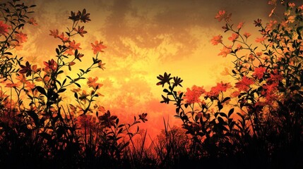 Silhouetted Flowers Against A Fiery Sunset Sky